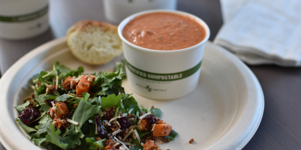 Catered soup, salad, and cookie on plate from Vinaigrette Salad Kitchen