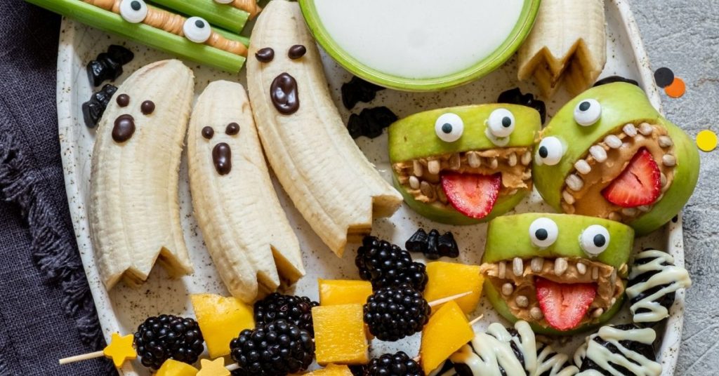 healthy halloween decorated fruits on a plate